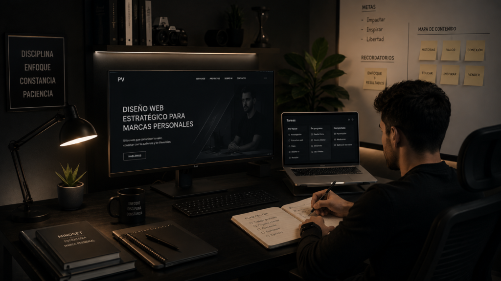 Consultor de estrategia y marca personal sonriendo en su oficina con un portátil que muestra una landing page moderna con sus servicios de mentoría e infoproductos