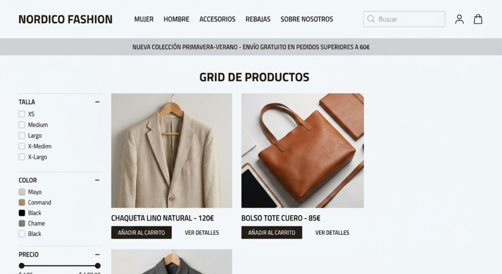 Captura de pantalla de una tienda online de ropa y accesorios moderna con filtros de talla, color y catálogo de productos