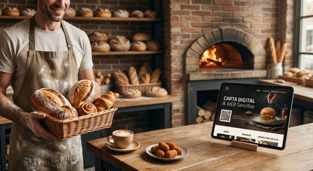 Artesano en panadería mostrando pan recién hecho junto a una tablet con carta digital y web para negocios locales