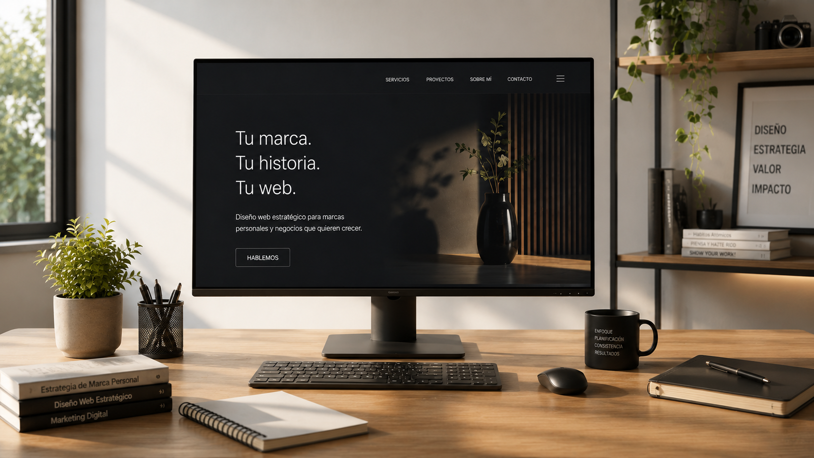 Ordenador mostrando una página web profesional para una marca personal en un espacio de trabajo oscuro