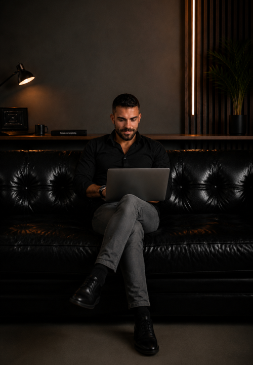 Pablo Villa, diseñador web en Valladolid, trabajando con un portátil en una oficina moderna.