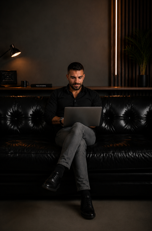 Pablo Villa, diseñador web en Valladolid, trabajando con un portátil en una oficina moderna.
